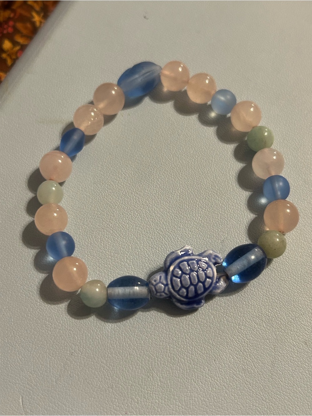Handmade Pink and Blue Beaded Turtle Stretch Bracelet